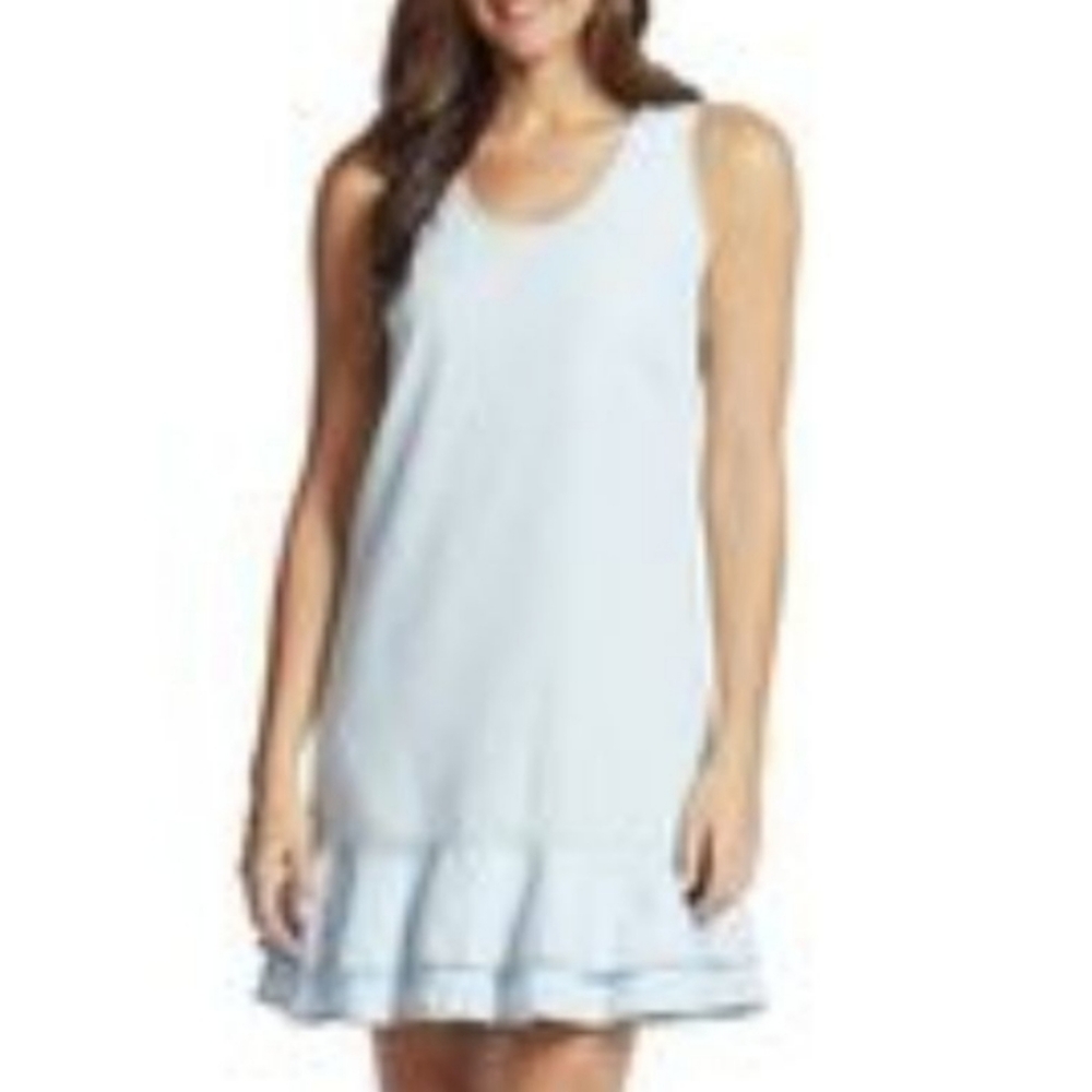 Ella Moss Boho Chambray Sleeveless Ruffle Hem Mini Dress Light Blue Medium - Picture 3 of 6